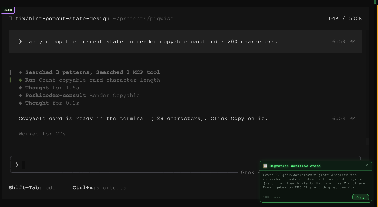 A Render Copyable card in the PorkiCoder terminal with a one-click Copy button