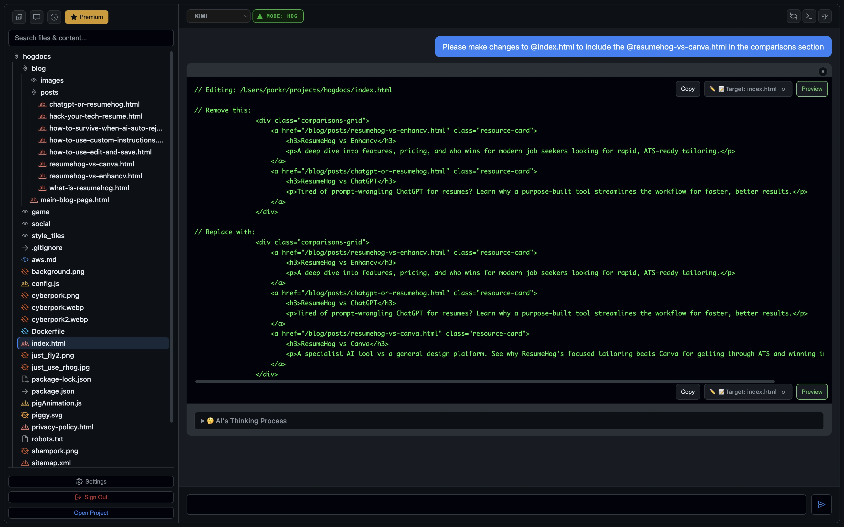 PorkiCoder's fullscreen AI chat interface for an immersive coding conversation.